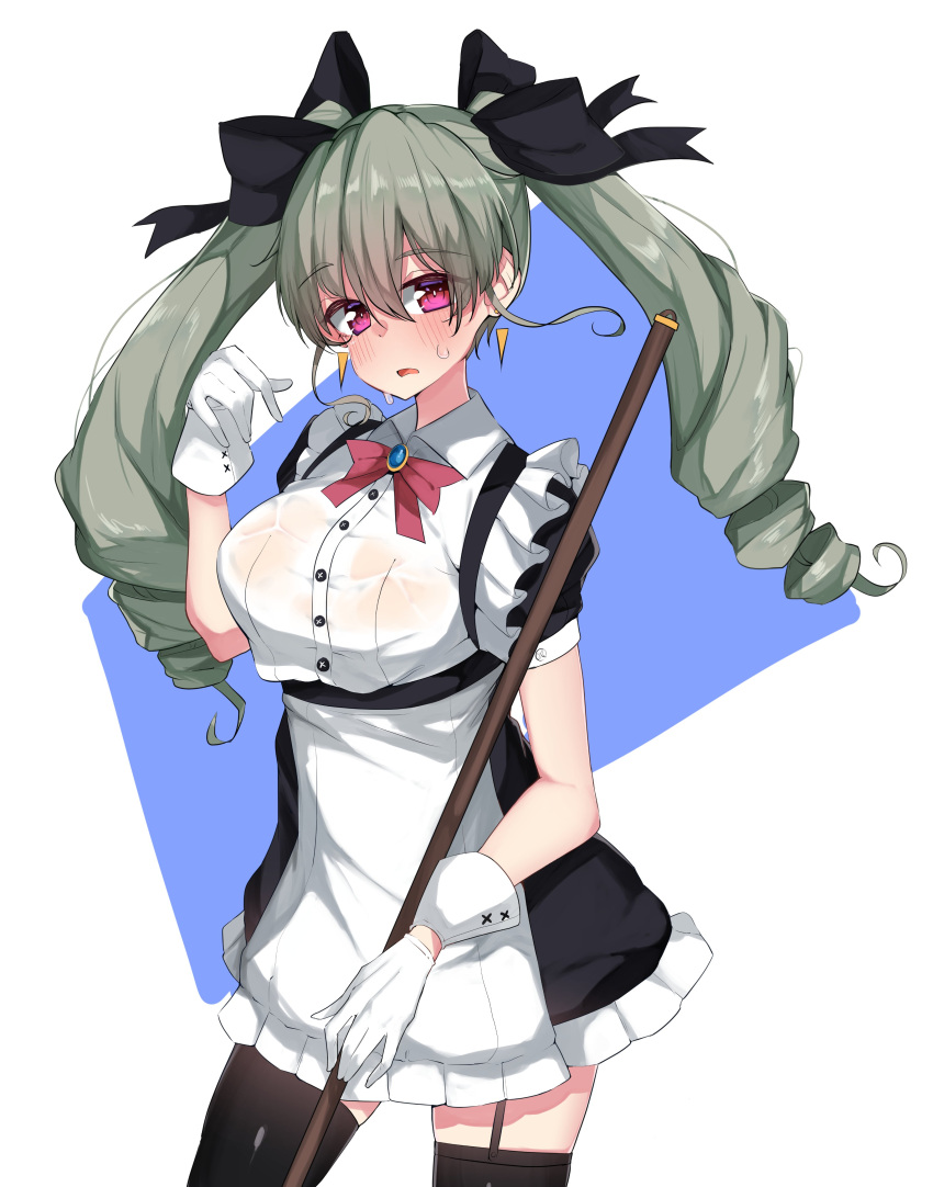 1girl absurdres alternate_costume anchovy_(girls_und_panzer) antyobi0720 black_bow black_legwear blush bow breasts drill_hair earrings eyebrows_visible_through_hair garter_straps girls_und_panzer gloves green_hair hair_bow highres jewelry large_breasts long_hair looking_at_viewer maid pink_eyes red_bow short_sleeves solo sweat thighhighs twin_drills wet wet_clothes white_gloves wrist_cuffs
