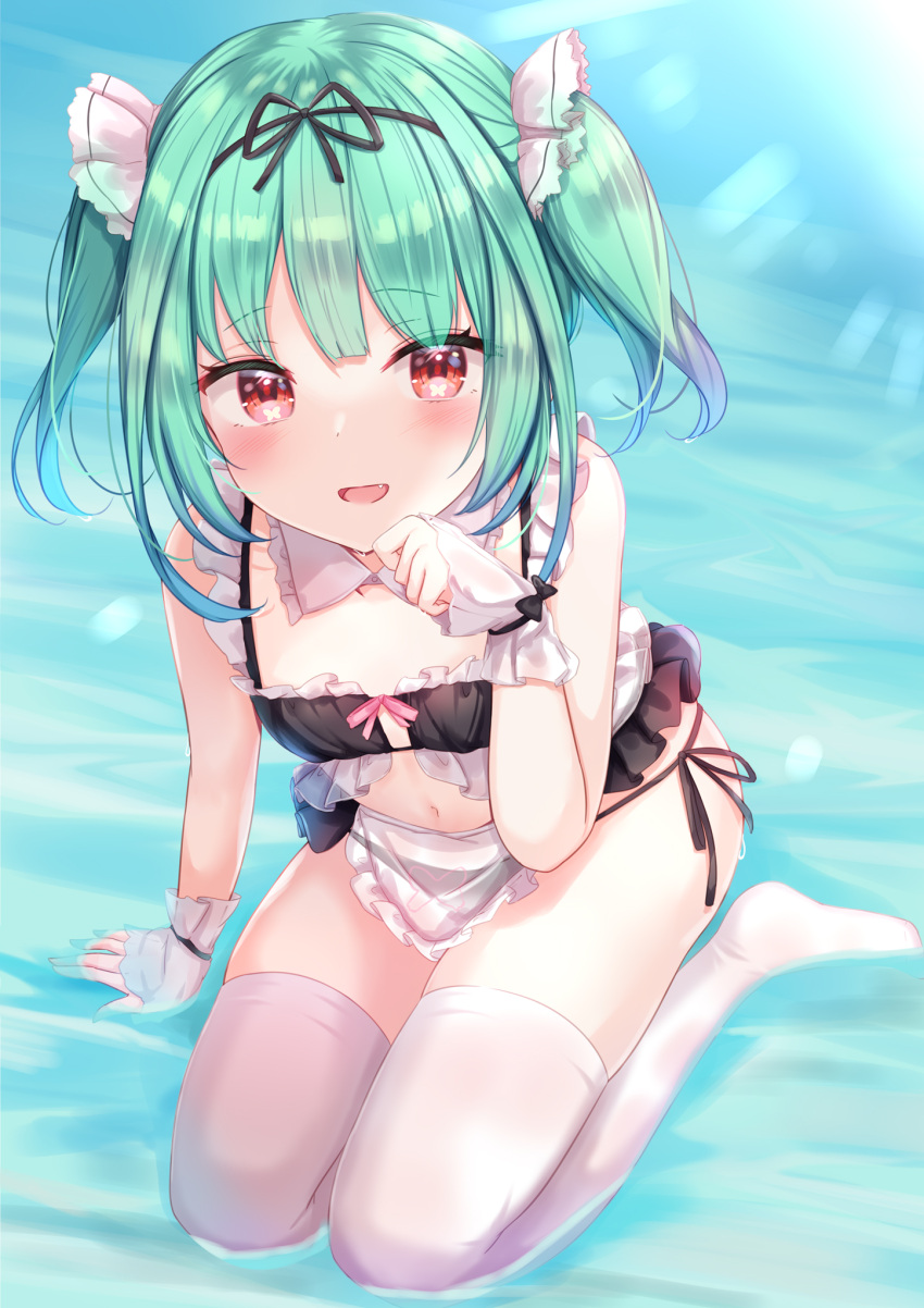 1girl apron arm_support bangs bare_arms bikini black_bikini black_ribbon blush commentary_request detached_collar eyebrows_visible_through_hair fang frilled_bikini frills from_above full_body green_hair hair_ribbon hand_up highres hololive looking_at_viewer maid_bikini navel no_shoes open_mouth paw_pose red_eyes ribbon short_hair side-tie_bikini sitting smile solo swimsuit thighhighs two_side_up uruha_rushia virtual_youtuber waist_apron water white_apron white_legwear white_ribbon wrist_cuffs yuano