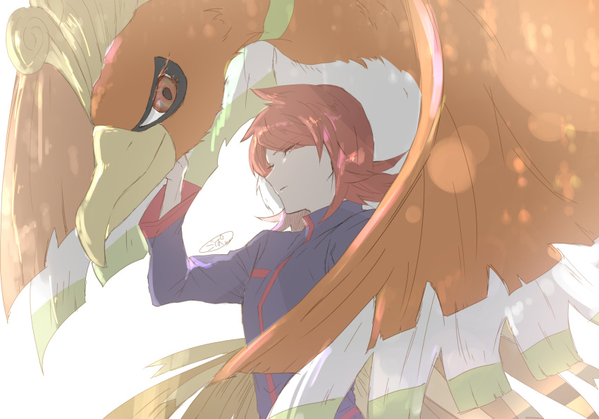 1boy ahoge gen_2_pokemon gopan_(pkghnman) high_collar highres ho-oh jacket legendary_pokemon looking_at_viewer male_focus medium_hair open_mouth parted_lips petting pokemon pokemon_(game) pokemon_masters_ex red_eyes red_hair signature silver_(pokemon) simple_background sketch white_background