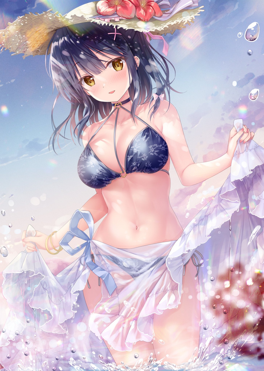 1girl bare_arms bare_shoulders bikini black_bikini black_choker black_hair breasts brown_eyes brown_headwear choker cleavage collarbone day flower gradient_sky hair_ornament halterneck hat hat_flower highres large_breasts long_hair looking_at_viewer nanami_yuuno navel original outdoors parted_lips sarong side-tie_bikini sidelocks sky smile solo sousouman standing stomach straw_hat string_bikini swimsuit thighs wading water x_hair_ornament