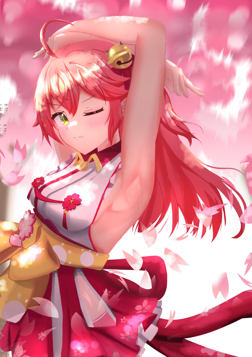 1girl absurdres armpit_focus armpits bangs bell breasts cherry_blossoms closed_mouth dress green_eyes hair_ornament highres hololive long_hair one_eye_closed red_hair ryoya sakura_miko sleeveless solo virtual_youtuber