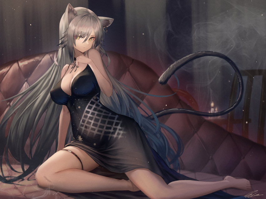 1girl absurdres animal_ear_fluff animal_ears arknights bare_arms bare_legs bare_shoulders barefoot black_choker black_dress breasts cat_ears cat_girl cat_tail chaise_longue choker cleavage closed_mouth cocktail_dress dress grey_hair hand_up highres ioriwu8 large_breasts long_hair looking_at_viewer schwarz_(arknights) sitting sleeveless sleeveless_dress solo spaghetti_strap tail tail_raised thigh_strap very_long_hair yellow_eyes yokozuwari