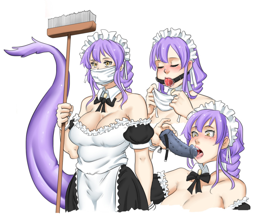 apron ball_gag breasts broom closed_eyes dragon_girl dragonmaid fluffy_tail gag giant_breasts high_rezz large_breasts long_tail maid maid_apron maid_headdress mask open_mouth original poses short_hair tail violett_hair