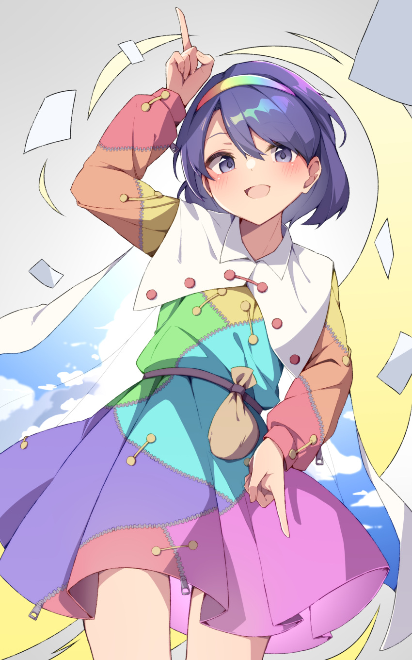 1girl :d absurdres bag bangs cape cowboy_shot dress eyebrows_visible_through_hair gradient gradient_background grey_background highres long_sleeves multicolored multicolored_clothes multicolored_dress multicolored_hairband nankotsu open_mouth pointing pointing_down pointing_up purple_hair short_hair sky_print smile solo standing tenkyuu_chimata touhou white_cape