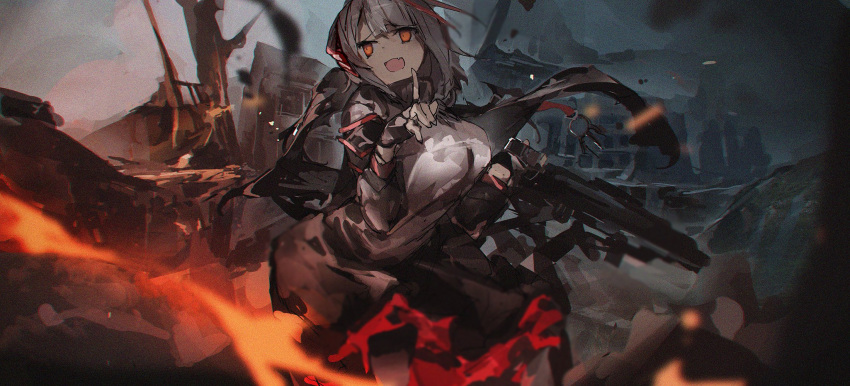 1girl arknights bangs black_skirt blunt_bangs breasts demon_girl demon_horns fang fang_out fingerless_gloves frilled_skirt frills gloves grey_hair gun highres horns jacket orange_eyes ph. scarf skirt solo turtleneck w_(arknights) weapon