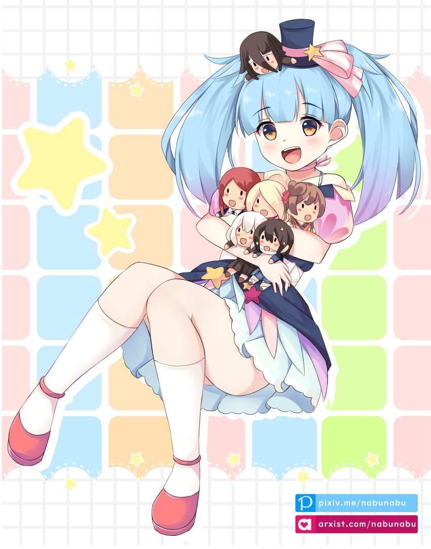 6+girls abstract_background absurdres artist_logo blue_dress blue_hair bow doll doll_on_head dress hat highres hoshikawa_lily konno_junko minamoto_sakura mizuno_ai multiple_girls nabunabu nikaidou_saki object_hug open_mouth pink_bow pink_footwear sitting skirt smile star_(symbol) top_hat white_legwear white_skirt yamada_tae yellow_eyes yuugiri_(zombie_land_saga) zombie_land_saga