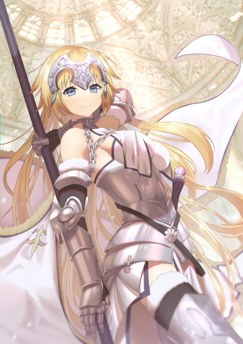 1girl armor armored_dress bangs bare_shoulders blonde_hair breasts chain dress fate/grand_order fate_(series) flag highres holding holding_flag jeanne_d'arc_(fate) jeanne_d'arc_(fate)_(all) kagayaku_(mottokrkr) long_hair looking_at_viewer smile solo thighhighs very_long_hair weapon white_dress yellow_eyes