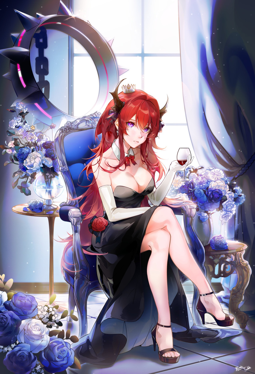 1girl absurdres alternate_costume arknights bare_shoulders black_dress black_table breasts cup demon_girl demon_horns detached_collar dress drinking_glass elbow_gloves gloves high_heels highres horns long_hair purple_eyes red_hair sitting solo surtr_(arknights) wine_glass