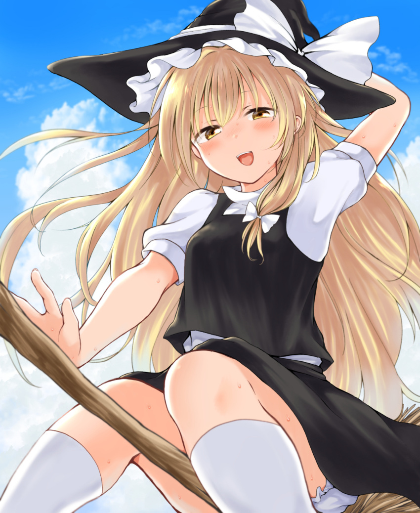 1girl :d arm_above_head arm_behind_head arm_up bangs black_headwear black_skirt black_vest bloomers blush bow breasts broom broom_riding commentary_request cumulonimbus_cloud day eyebrows_behind_hair from_below hair_bow hair_ribbon hat hat_bow highres kirisame_marisa kneehighs knees_together_feet_apart long_hair looking_at_viewer nanana_(chicken_union) open_mouth outdoors puffy_short_sleeves puffy_sleeves ribbon shirt short_sleeves single_sidelock skirt small_breasts smile solo touhou tress_ribbon turtleneck underwear upskirt very_long_hair vest white_bow white_legwear white_shirt witch_hat yellow_eyes