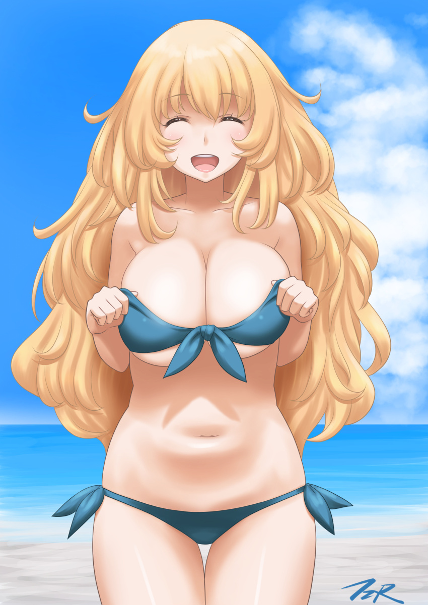 1girl artist_name atago_(kancolle) beach bikini blonde_hair blue_bikini blue_sky breasts character_name cleavage closed_eyes cloud collarbone commentary_request cowboy_shot day facing_viewer front-tie_top highres horizon kantai_collection large_breasts long_hair navel ocean open_mouth outdoors revision side-tie_bikini sky smile solo swimsuit t2r thigh_gap