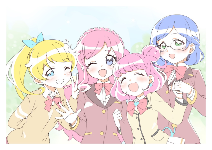 4girls :3 ;d ^_^ ^o^ aoba_rinka blonde_hair blue_eyes blue_hair blue_sky blurry blurry_background blush border bow bowtie braid brown_jacket cardigan closed_eyes collared_shirt commentary crown_braid double_bun earrings eyebrows_visible_through_hair facing_viewer french_braid green_eyes grin happy heart heart_bow heart_tail high_ponytail highres holding_hands jacket jewelry kiracchu_(pri_chan) kirarigaoka_middle_school_uniform kiratto_pri_chan long_hair long_sleeves looking_at_viewer medium_hair miniskirt moegi_emo momoyama_mirai mouse_tail multiple_girls older one_eye_closed open_mouth outdoors photo_(object) pink_bow pink_hair pink_neckwear pleated_skirt ponytail pose pretty_(series) purple_eyes rn10r school_uniform shiny shiny_hair shiny_skin shirt skirt sky smile star_(symbol) star_earrings striped_cardigan tail tree upper_body v waving white_border white_shirt white_skirt white_stripes yellow_cardigan yellow_jacket yellow_stripes