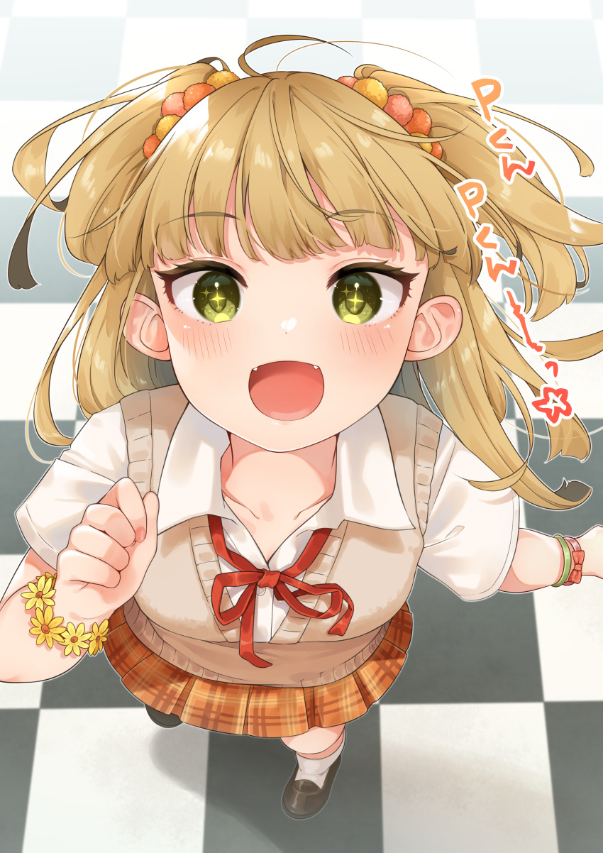 1girl :o absurdres ahoge blonde_hair blunt_ends blush checkered checkered_floor collarbone fangs full_body hair_bobbles hair_ornament hand_up highres idolmaster idolmaster_cinderella_girls jougasaki_rika kneehighs looking_at_viewer looking_up mary_janes neck_ribbon nekonomimi open_collar plaid plaid_skirt pleated_skirt ribbon school_uniform shoes short_sleeves skirt solo sparkling_eyes sweater_vest two_side_up wristband