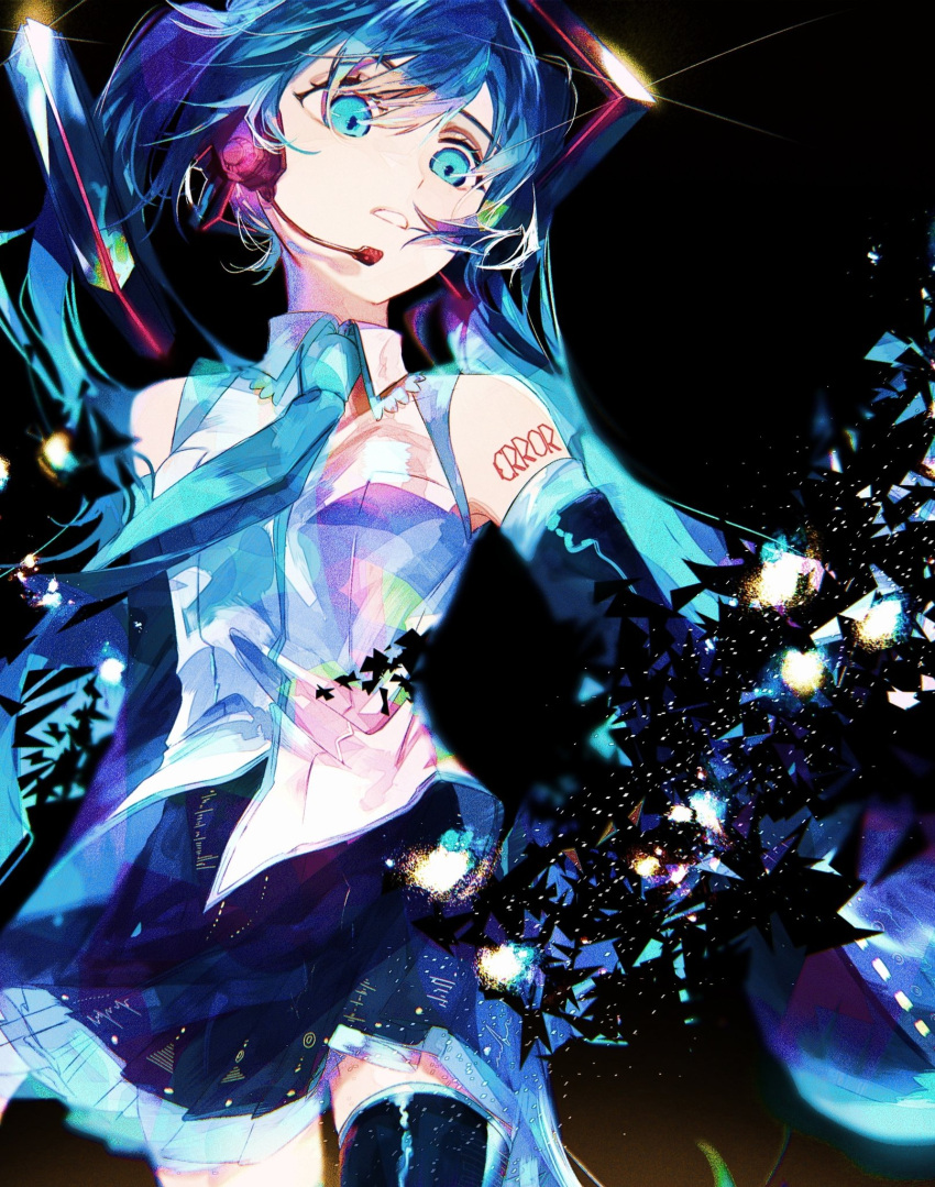 1girl armpit_crease bare_shoulders black_background black_legwear black_skirt blue_eyes blue_neckwear blue_theme breasts collared_shirt colorful dark_background darkness detached_sleeves dissolving english_text expressionless eyelashes facing_away floating_hair glint glowing hatsune_miku headset highres karanagare_4 light_particles long_hair looking_afar necktie parted_lips pleated_skirt shirt shoulder_tattoo simple_background skirt sleeveless sleeveless_shirt small_breasts solo tareme tattoo thighhighs twintails vocaloid white_shirt zettai_ryouiki