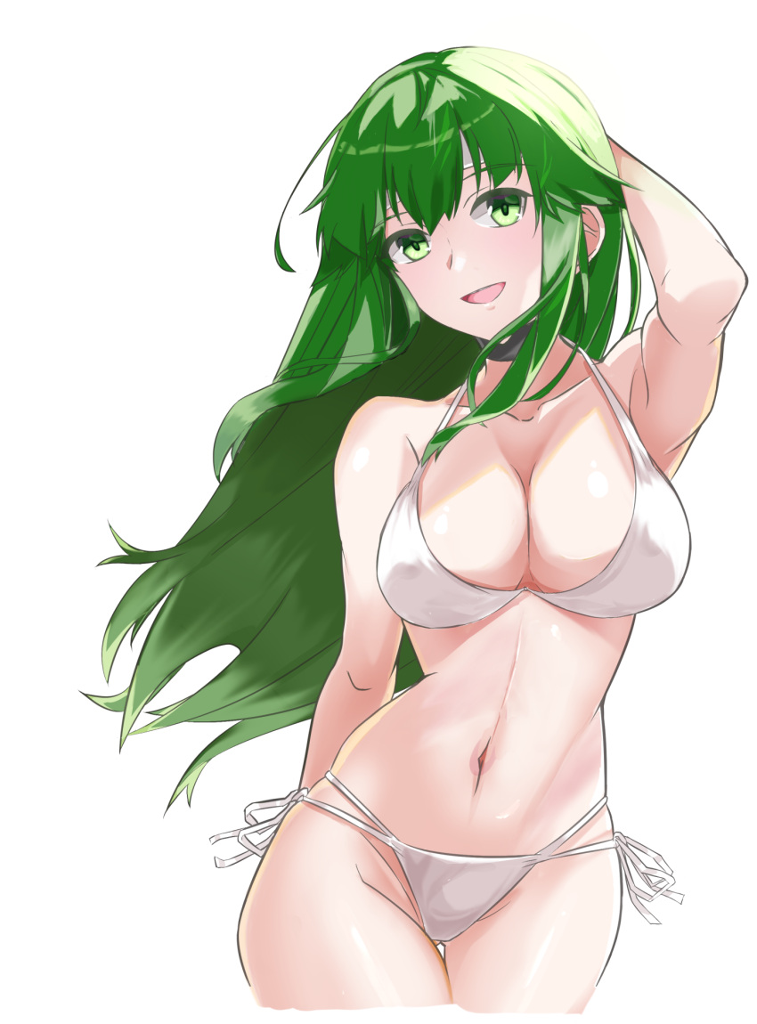 1girl :d ass_visible_through_thighs bare_arms bikini breasts chuu_(rinet) commentary cowboy_shot eyebrows_visible_through_hair fire_emblem fire_emblem:_mystery_of_the_emblem green_eyes green_hair hand_on_own_head headband highres large_breasts long_hair looking_at_viewer navel open_mouth palla_(fire_emblem) smile solo swimsuit thighs white_background white_headband