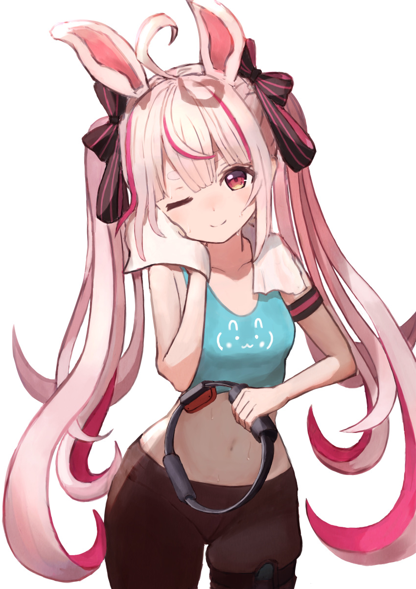 1girl absurdres ahoge animal_ears bike_shorts black_shorts blue_tank_top bunny_ears highres huge_filesize long_hair midriff nanaushi navel one_eye_closed pink_eyes pink_hair ribbon ring-con shorts simple_background smile solo tank_top thighs tomari_mari tomari_mari_channel towel twintails very_long_hair virtual_youtuber white_background wiping_face