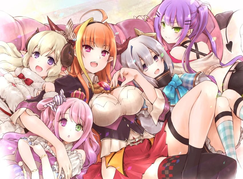 5girls ahoge amane_kanata asacoco blonde_hair bow breasts candy_hair_ornament cleavage_cutout clothing_cutout crown demon_tail dragon_horns ear_piercing food-themed_hair_ornament fujieda_miyabi hair_ornament hairband halo heterochromia himemori_luna hololive horns kiryu_coco large_breasts lying multiple_girls on_back orange_hair piercing pink_hair purple_hair sheep_horns silver_hair smile tail thighhighs tokoyami_towa tsunomaki_watame twintails virtual_youtuber