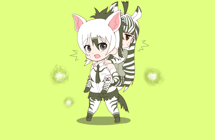 ^^^ aardwolf_(kemono_friends) aardwolf_ears aardwolf_tail animal_ears animal_print bare_shoulders black_eyes black_hair boots brown_eyes carrying elbow_gloves eyebrows_visible_through_hair flying_sweatdrops gloves highres kemono_friends long_hair long_sleeves multicolored_hair multiple_girls necktie open_mouth pantyhose piggyback plains_zebra_(kemono_friends) sandstar shirt shoes short_hair shorts skirt sleeveless sleeveless_shirt striped striped_legwear sweat tail tsuno_(ikkakusu) very_long_hair white_hair zebra zebra_ears zebra_print