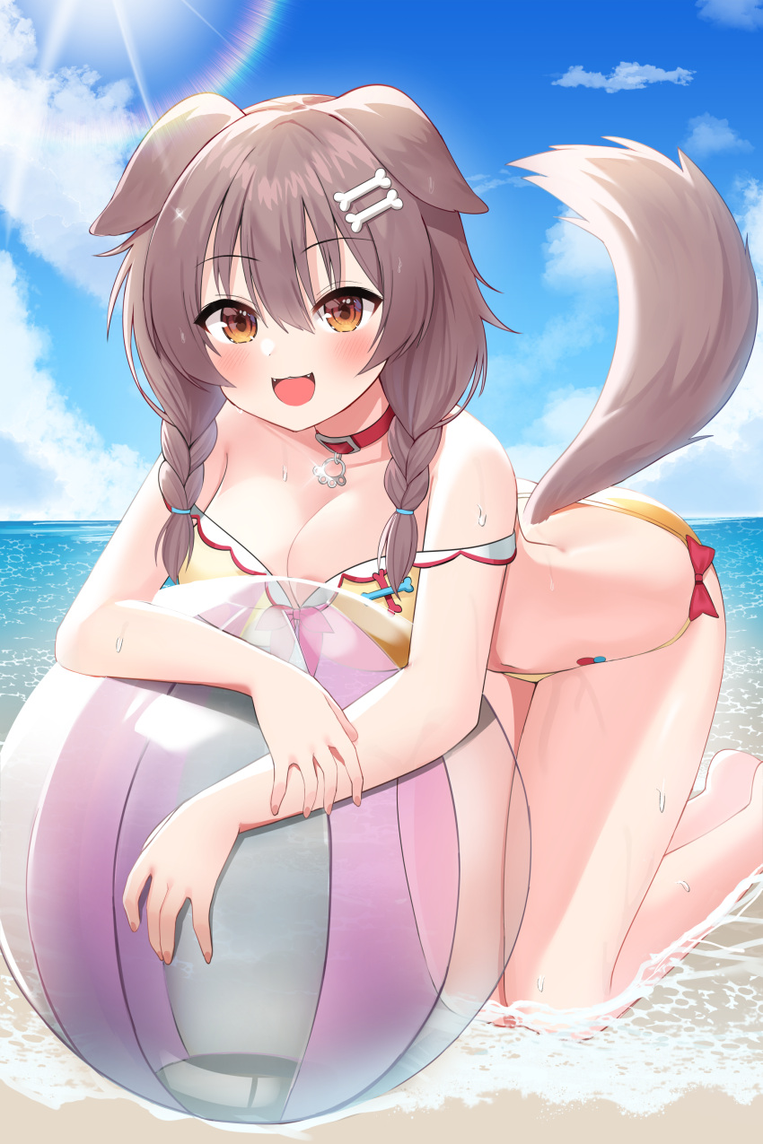 1girl :d absurdres adapted_costume alternate_costume animal_collar animal_ears arm_rest arm_support ball bangs beach beachball bikini blush bone_hair_ornament braid breast_press breasts brown_eyes brown_hair cartoon_bone cleavage cloud cloudy_sky collar collarbone commentary_request day dog_ears dog_girl dog_tail eyebrows_visible_through_hair fangs fingernails glint hair_between_eyes hair_ornament hairclip highres hololive horizon inugami_korone kneeling leaning_forward legs_together light_rays long_hair looking_at_viewer low_twin_braids medium_breasts neko_lu_(wofud453) ocean off-shoulder_bikini off_shoulder open_mouth outdoors paw_print red_collar shiny shiny_hair side-tie_bikini sky smile solo sun sunlight swimsuit tail twin_braids virtual_youtuber wet yellow_bikini