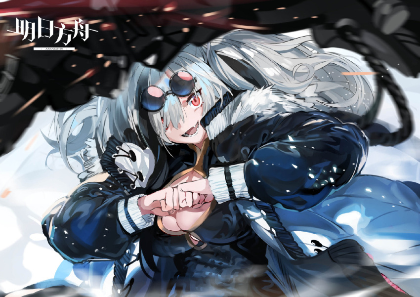 1girl animal_ears arknights bangs breasts china_dress chinese_clothes dress eyewear_on_head feater_(arknights) hair_over_one_eye jacket large_breasts long_hair looking_at_viewer official_art open_mouth orange_eyes panda_ears panda_girl ran_(bukeranwu) silver_hair smile solo sunglasses upper_body