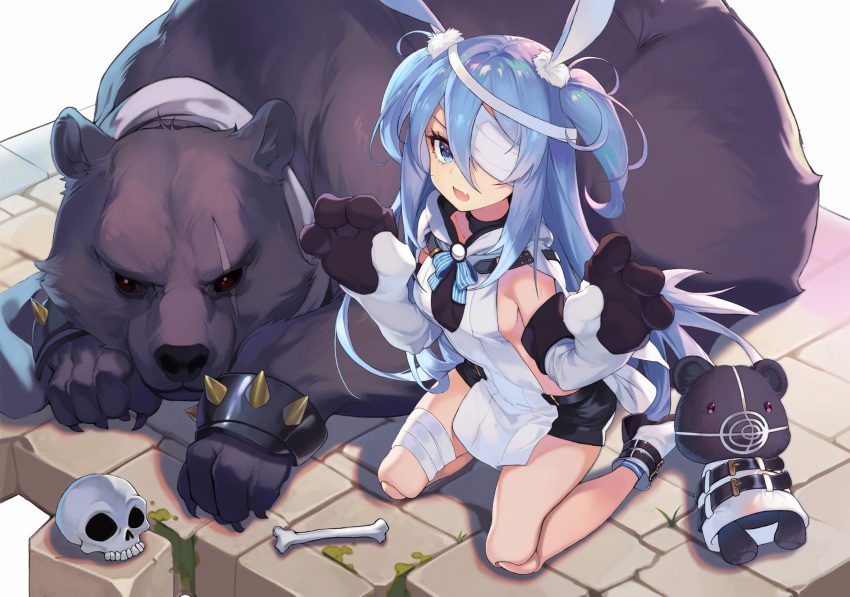 1girl :d animal animal_ears bandage_over_one_eye bare_shoulders bear black_choker black_shorts blue_eyes blue_hair bone boots bow bowtie breasts bunny_ears choker elbow_gloves fang gloves hair_between_eyes highres hood hood_down kneeling linmiu_(smilemiku) little_witch_nobeta long_hair looking_at_viewer monica_(little_witch_nobeta) open_mouth paw_gloves paws revealing_clothes short_shorts shorts sideless_outfit skull small_breasts smile socks solo stuffed_animal stuffed_toy teddy_bear thighs two_side_up very_long_hair
