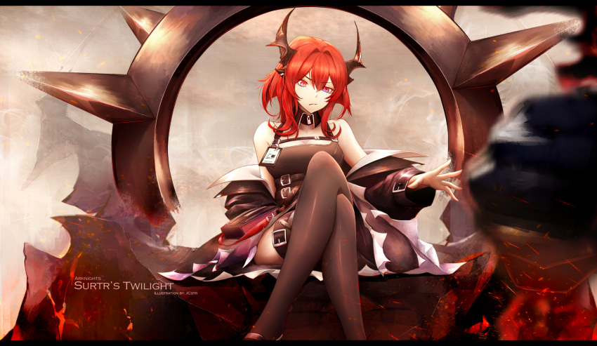 1girl arknights black_dress collar crossed_legs demon_girl demon_horns dress highres holding holding_weapon horns jcstr long_hair looking_down off_shoulder purple_eyes red_hair sitting spiked_collar spikes surtr_(arknights) sword thighhighs weapon