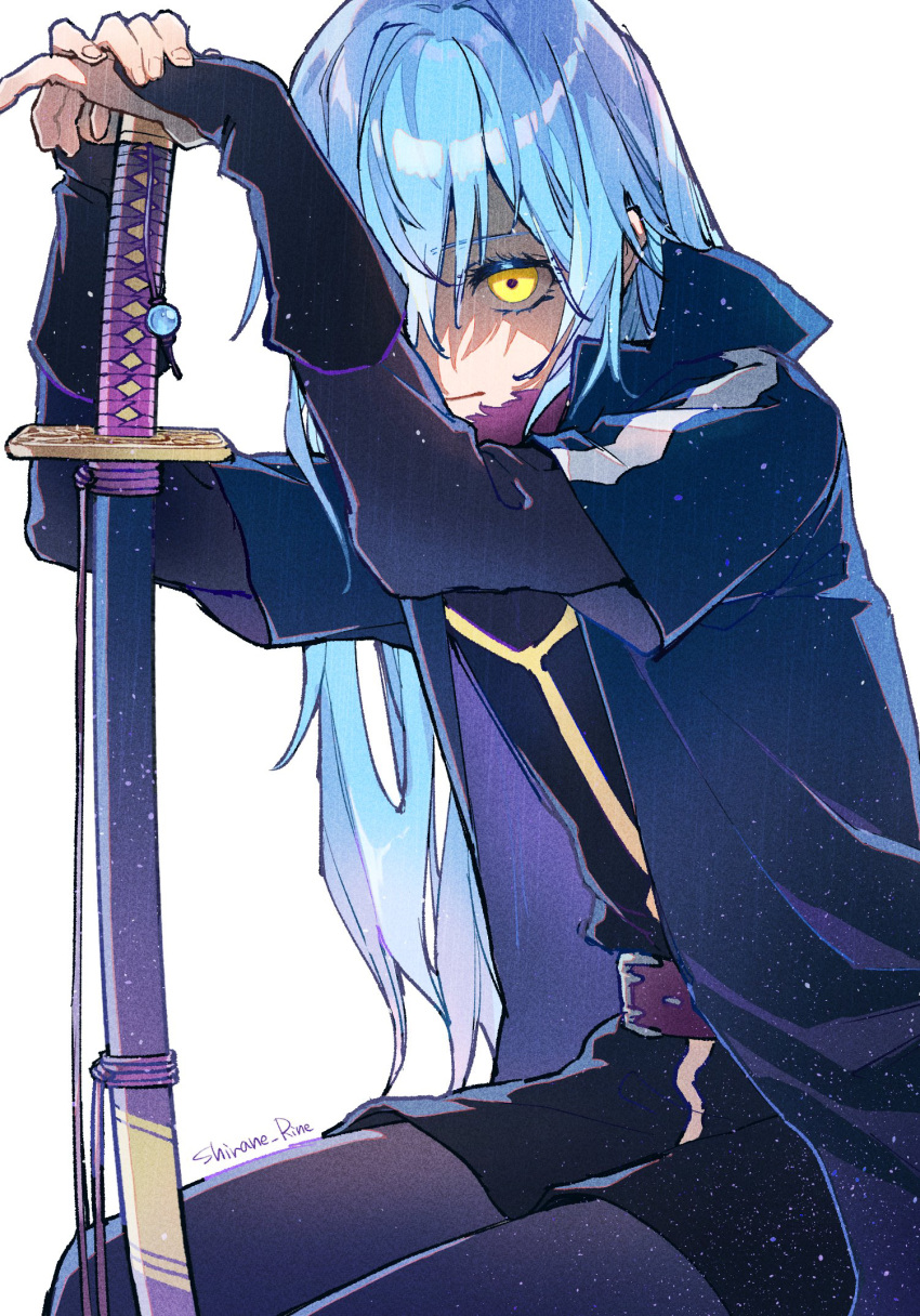 1other androgynous bangs belt blue_hair closed_mouth commentary_request eyebrows_visible_through_hair hair_between_eyes highres holding holding_sword holding_weapon jacket katana light_particles long_hair long_sleeves one_eye_covered rimuru_tempest sheath sheathed shirane_rine simple_background solo sword tensei_shitara_slime_datta_ken weapon white_background yellow_eyes