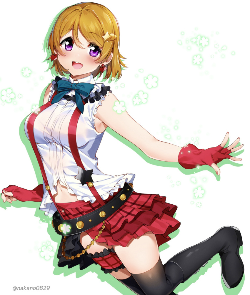 1girl black_footwear bokura_wa_ima_no_naka_de boots bow bowtie breasts earrings eyebrows_visible_through_hair fingerless_gloves gloves green_neckwear hair_between_eyes hair_ornament heart heart_earrings highres jewelry koizumi_hanayo looking_at_viewer love_live! love_live!_school_idol_project medium_breasts nakano_maru navel open_mouth purple_eyes red_gloves red_skirt simple_background skirt smile solo star_(symbol) star_hair_ornament twitter_username white_background