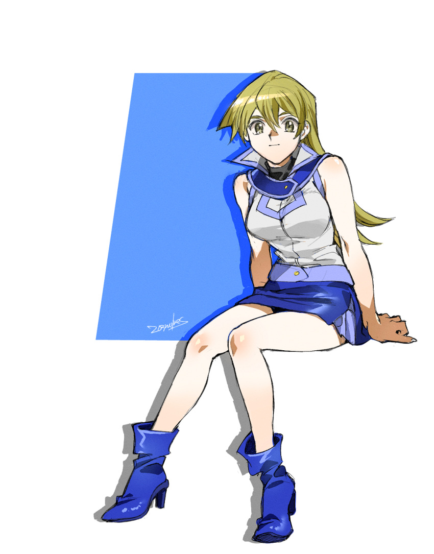 1girl 203wolves blonde_hair blue_background blue_footwear blue_skirt boots breasts brown_eyes closed_mouth duel_academy_uniform_(yu-gi-oh!_gx) full_body hair_between_eyes high_heel_boots high_heels highres large_breasts long_hair looking_at_viewer miniskirt shiny shiny_hair shiny_skin shirt signature sitting sketch skirt sleeveless sleeveless_shirt solo straight_hair tenjouin_asuka two-tone_background very_long_hair white_background white_shirt yu-gi-oh! yu-gi-oh!_gx
