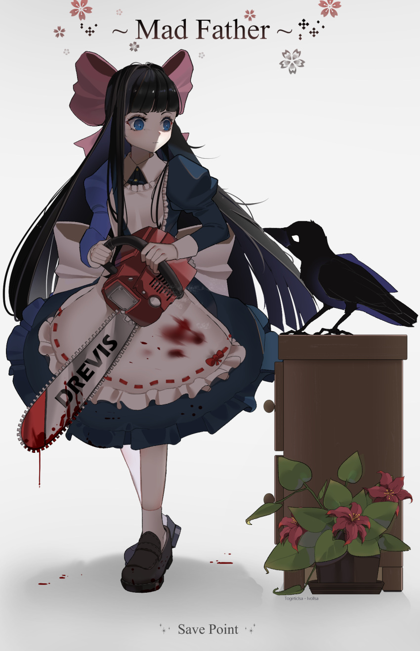 1girl animal apron bangs bird black_hair blue_dress blue_eyes blunt_bangs bow brown_footwear chainsaw copyright_request crow dress english_text hair_bow highres holding_chainsaw juliet_sleeves large_bow long_hair long_sleeves looking_at_animal original pink_bow plant potted_plant puffy_sleeves ribbon-trimmed_apron ribbon_trim shoes socks solo standing togeticisa white_apron white_bow white_legwear