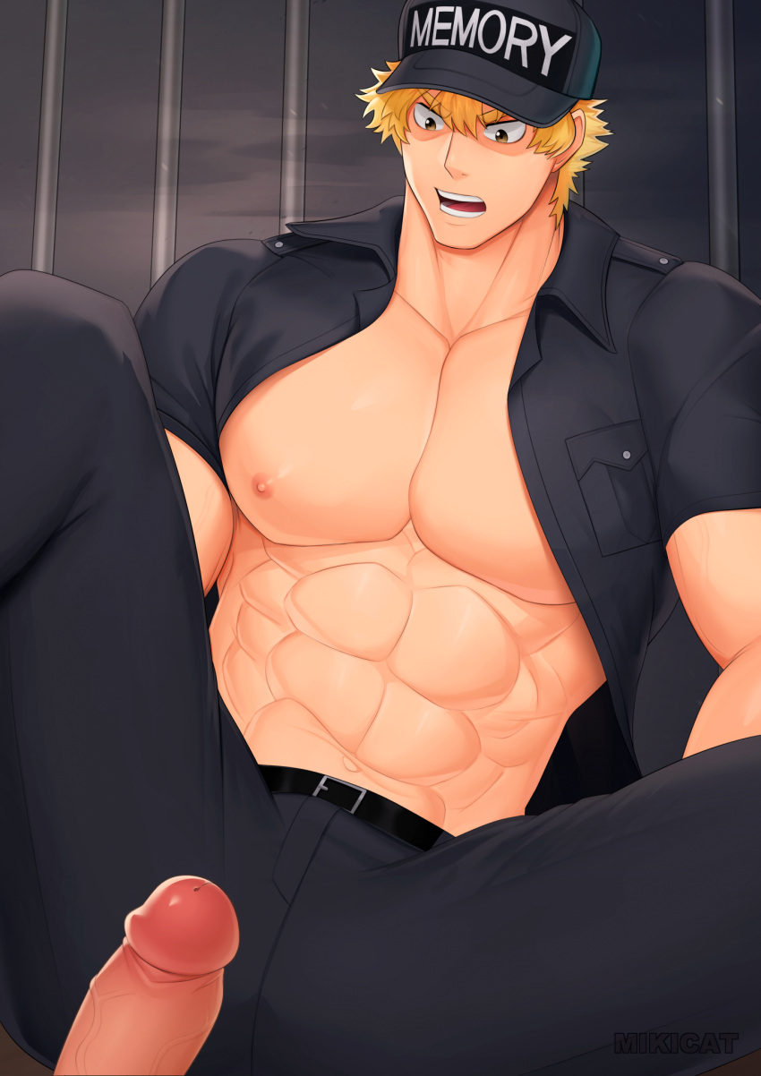 2boys abs bara bare_pectorals baseball_cap black_shirt blonde_hair erection hat hataraku_saibou highres imminent_sex killer_t_(hataraku_saibou) large_pectorals male_focus military military_uniform miqi_(nnaf3344) multiple_boys muscular muscular_male navel nipples open_clothes open_shirt pectorals penis pov shirt short_hair short_sleeves solo_focus spread_legs stomach uncensored uniform yaoi