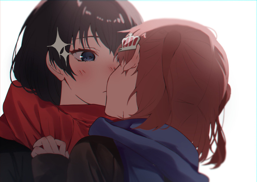 2girls aijou_karen bangs black_hair black_jacket blue_eyes blue_scarf blurry blush brown_hair chromatic_aberration closed_mouth covered_mouth crown_hair_ornament depth_of_field enpera face-to-face facing_away hair_ornament hand_on_another's_chest hand_up highres implied_kiss jacket kagura_hikari long_sleeves looking_at_another multiple_girls nose_blush one_eye_covered portrait red_scarf scarf shiny shiny_hair short_hair shoujo_kageki_revue_starlight simple_background sleeves_past_wrists sorano_(azu_mine) sparkle_hair_ornament two_side_up white_background yuri