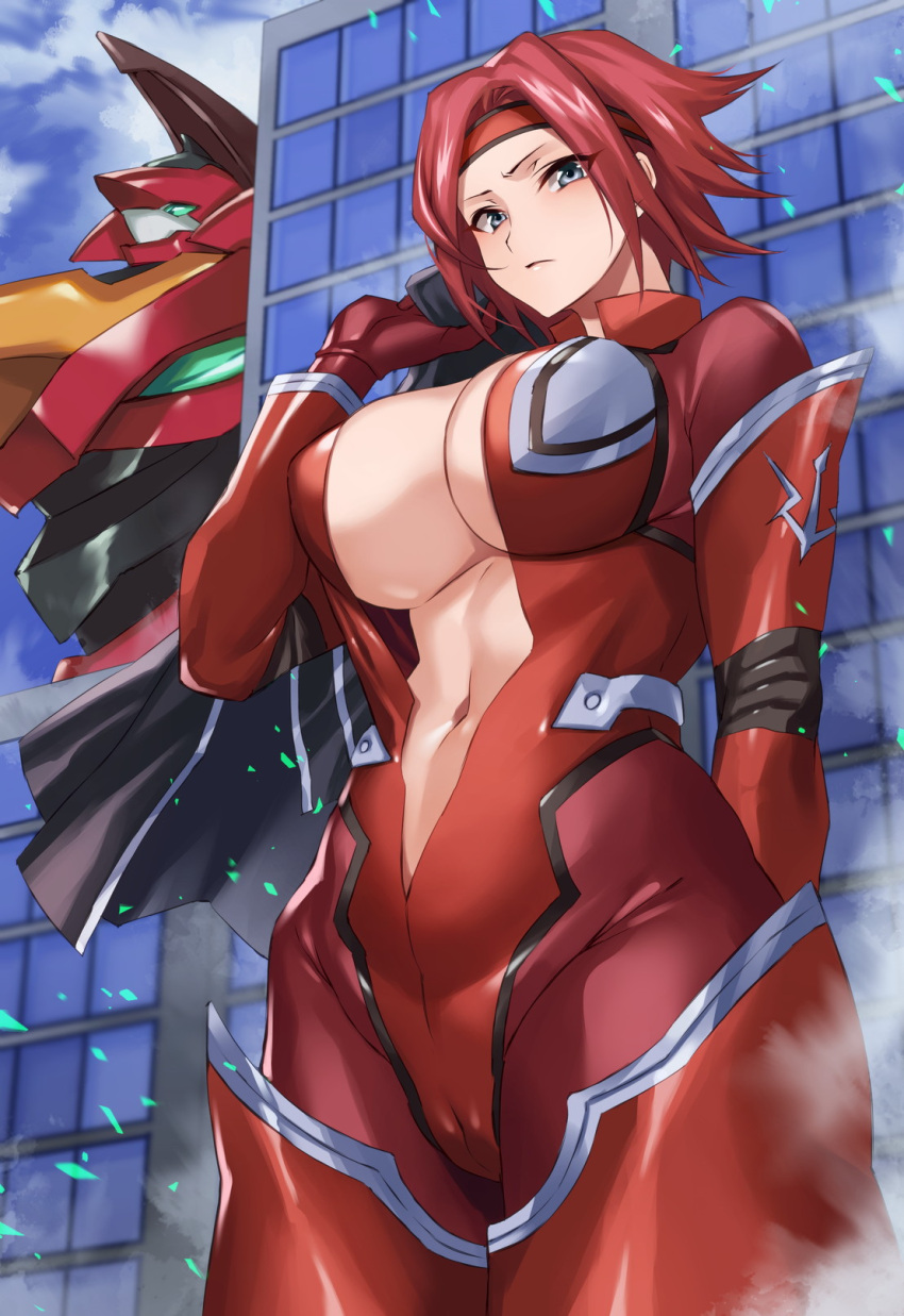 1girl blue_eyes blush bodysuit breasts building cleavage code_geass headband highres hikari_(komitiookami) kallen_stadtfeld knights_of_the_round_uniform large_breasts looking_at_viewer mecha navel pilot_suit red_bodysuit red_hair shiny shiny_clothes