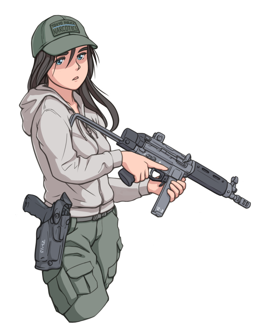 1girl baseball_cap blue_eyes brown_hair d: green_pants grey_hoodie gun h&amp;k_usp hair_between_eyes handgun hat highres holding holster holstered_weapon hood hoodie long_hair long_sleeves looking_at_viewer military open_mouth original pants pistol ponytail simple_background submachine_gun trigger_discipline waruzamurai weapon white_background