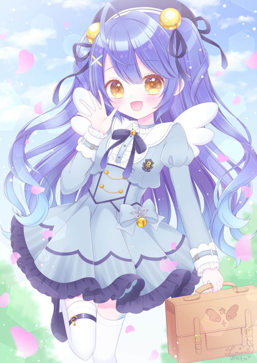 1girl :d amamiya_kokoro bell beret black_footwear black_headwear black_ribbon blue_hair blush brown_eyes center_frills commentary_request cropped_jacket fang frilled_skirt frills grey_jacket grey_skirt hair_bell hair_ornament hair_ribbon hairclip hand_up hat highres himetsuki_luna jacket jingle_bell juliet_sleeves long_hair long_sleeves looking_at_viewer nijisanji open_mouth pleated_skirt puffy_sleeves ribbon school_briefcase shirt shoes skirt smile solo standing standing_on_one_leg thighhighs two_side_up very_long_hair virtual_youtuber white_legwear white_shirt x_hair_ornament