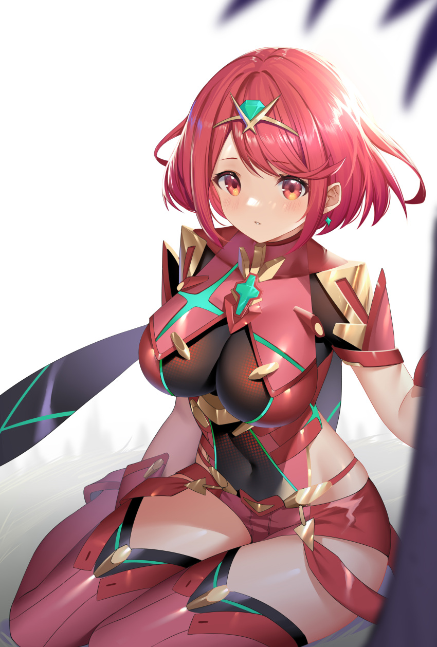 1girl absurdres bangs breasts chest_jewel covered_navel earrings gem headpiece highres jewelry large_breasts long_hair looking_at_viewer parted_bangs pyra_(xenoblade) red_eyes red_hair red_legwear roi_(liu_tian) short_hair sitting solo thighhighs thighs white_background xenoblade_chronicles_(series) xenoblade_chronicles_2