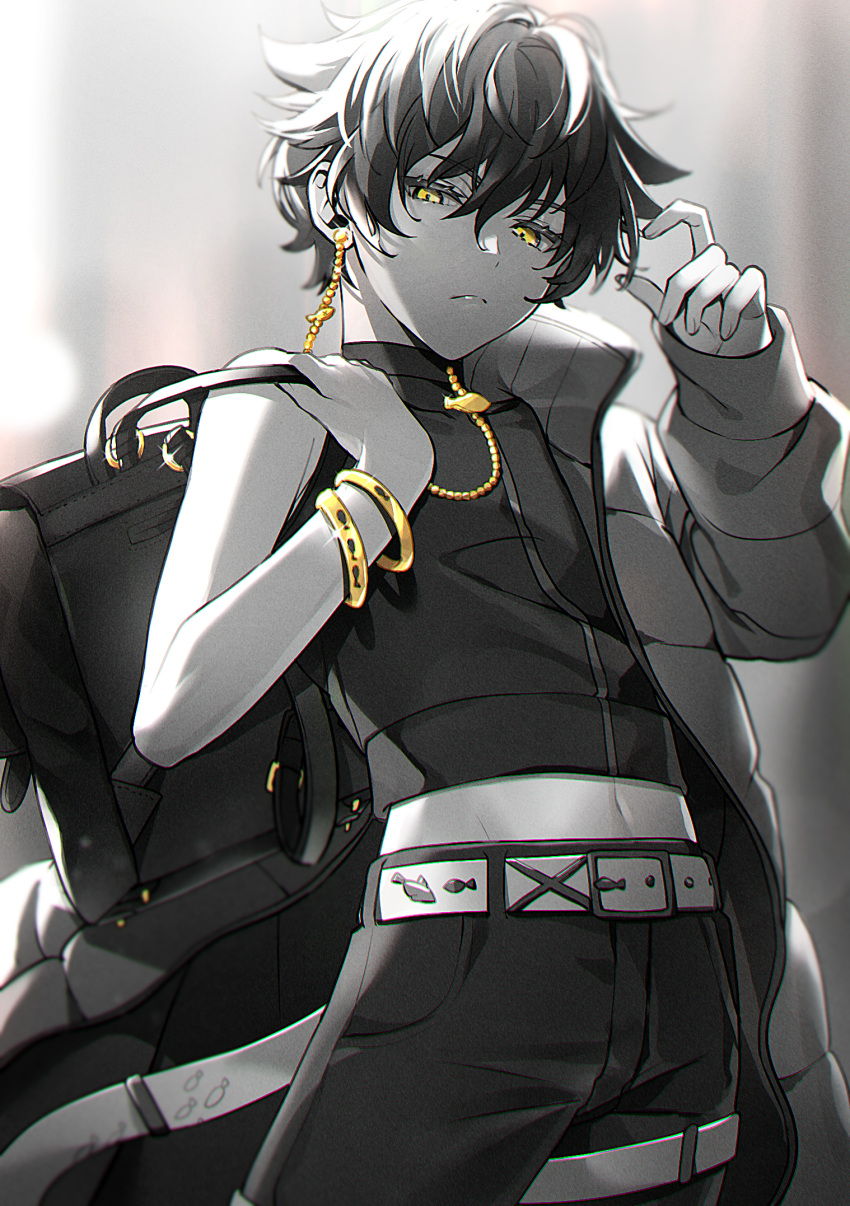 1boy arm_up bag bangle belt bishounen black_hair black_legwear bracelet cowboy_shot earrings feet_out_of_frame highres jacket jacket_partially_removed jewelry long_sleeves male_focus midriff monochrome navel original shirt shoulder_bag simple_background single_bare_shoulder single_earring sleeveless sleeveless_shirt solo spot_color tuze111 yellow_eyes