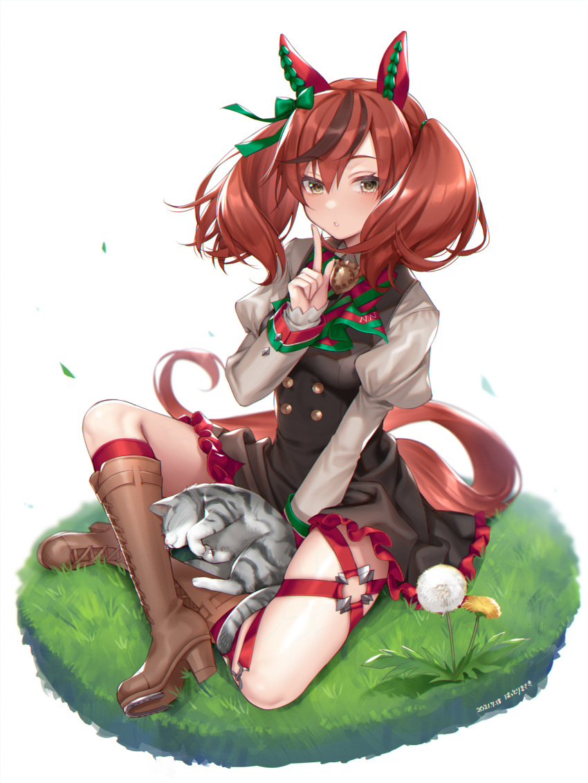 1girl animal animal_ears black_dress blush boots bow bowtie brown_footwear brown_hair cat clothes_writing dress finger_to_mouth hattori_masaki highres horse_ears horse_girl horse_tail index_finger_raised juliet_sleeves knee_boots long_hair long_sleeves nice_nature_(umamusume) parted_lips puffy_sleeves red_hair shirt shushing solo striped striped_bow striped_neckwear tail two_side_up umamusume white_shirt yellow_eyes