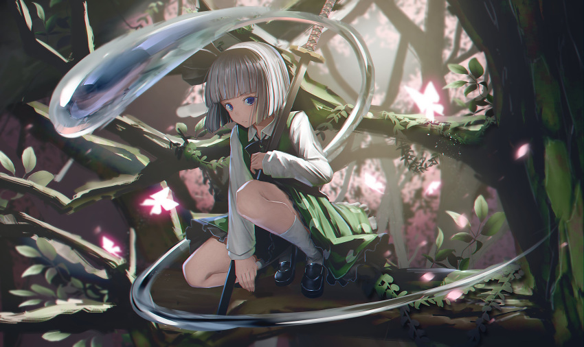 1girl absurdres bangs black_footwear black_hairband black_neckwear blue_eyes blunt_bangs bob_cut bug butterfly expressionless forest ghost green_vest hairband highres insect katana konpaku_youmu konpaku_youmu_(ghost) long_sleeves looking_at_viewer nature ryosios scenery shadow shirt short_hair sword touhou tree tree_branch vest weapon white_hair white_legwear white_shirt