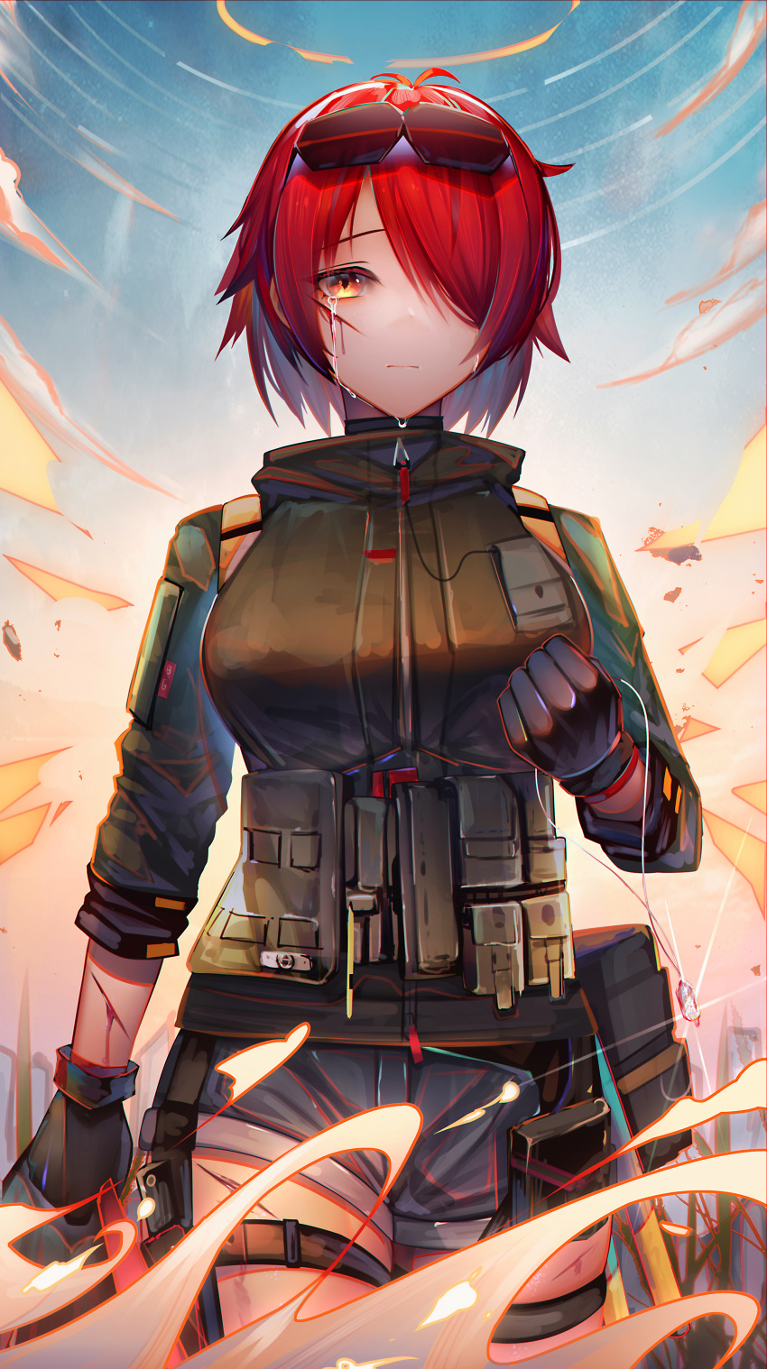 1girl absurdres arknights bangs bare_legs binggong_asylum black_gloves black_jacket crying crying_with_eyes_open dog_tags exusiai_(arknights) exusiai_(wild_operation)_(arknights) eyewear_on_head glint gloves grey_shorts hair_over_one_eye halo highres holding injury jacket looking_at_viewer official_alternate_costume orange_eyes red_hair short_hair shorts solo sunglasses tactical_clothes tears