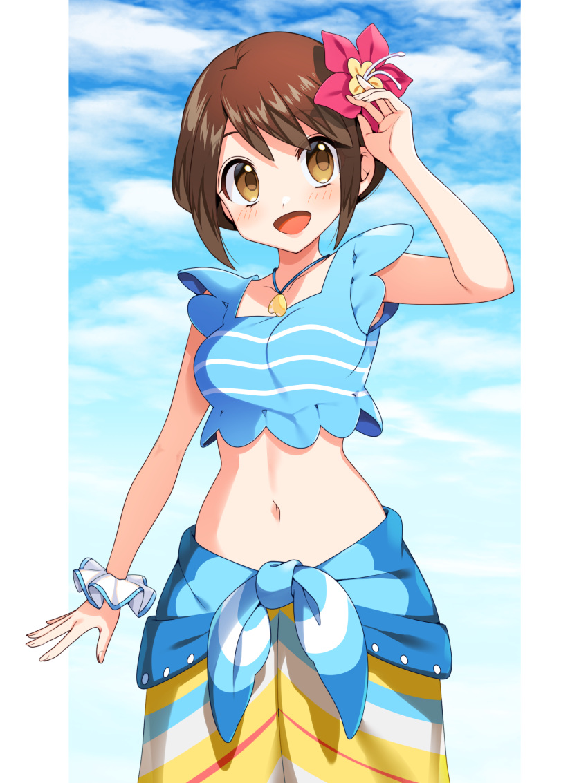 1girl :d absurdres bangs blue_shirt blush breasts brown_eyes brown_hair cloud commentary_request day flower gloria_(pokemon) hair_flower hair_ornament hand_up highres jewelry midriff navel necklace open_mouth outside_border pillarboxed pokemon pokemon_(game) pokemon_masters_ex purple_flower sarong scrunchie shiny shiny_hair shirt sky sleeveless sleeveless_shirt smile solo tongue wrist_scrunchie yuihico