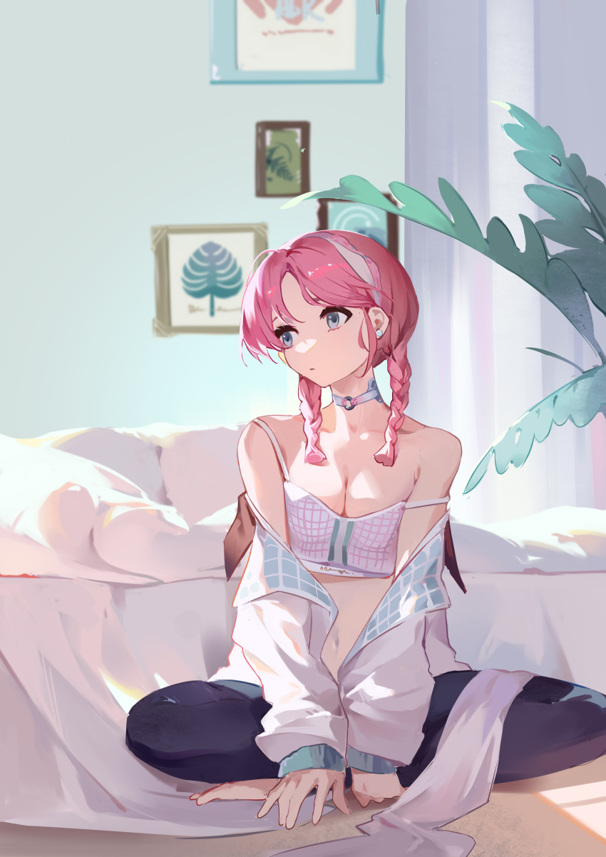 1girl absurdres acr_(dash) arknights bangs bare_shoulders bed bedroom black_legwear blue_eyes blue_poison_(arknights) blue_poison_(shoal_beat)_(arknights) bra braid breasts choker cleavage earrings hairband highres indian_style indoors jacket jewelry long_sleeves looking_at_viewer looking_away looking_to_the_side medium_hair midriff navel o-ring o-ring_choker off_shoulder official_alternate_costume open_clothes open_jacket parted_bangs pink_choker pink_hair plant single_earring sitting small_breasts solo sports_bra stomach strap_slip twin_braids underwear white_bra white_jacket
