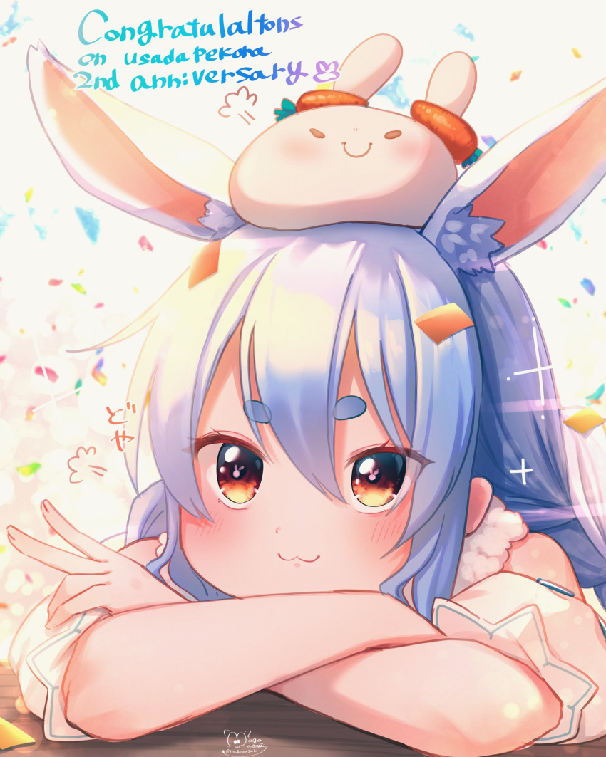 1girl :3 =3 animal_ear_fluff animal_ears bangs blue_hair blush bunny-shaped_pupils bunny_ears carrot closed_mouth commentary_request confetti congratulations creature_on_head crossed_arms detached_sleeves eyebrows_visible_through_hair hair_between_eyes highres hololive long_hair looking_at_viewer magowasabi multicolored_hair nousagi_(usada_pekora) red_eyes short_eyebrows short_sleeves signature solo thick_eyebrows twitter_username usada_pekora very_long_hair virtual_youtuber white_hair