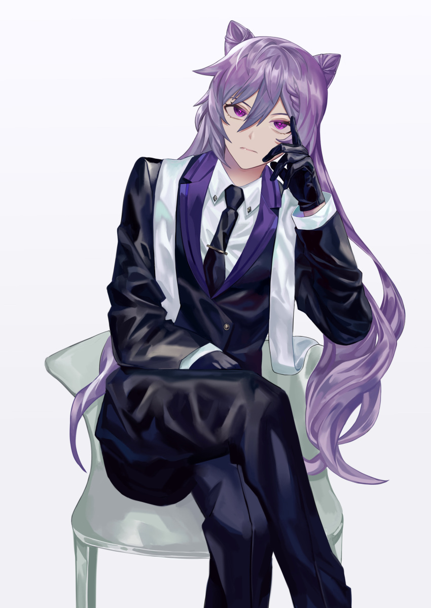 1girl absurdres bangs black_gloves black_jacket black_neckwear braid breasts chair closed_mouth collared_shirt crossed_legs double_bun formal genshin_impact gloves hair_cones hand_on_own_face highres jacket keqing_(genshin_impact) long_hair long_pants long_sleeves looking_at_viewer necktie nugag pants purple_eyes purple_hair scarf shirt simple_background sitting solo suit twintails white_background white_shirt