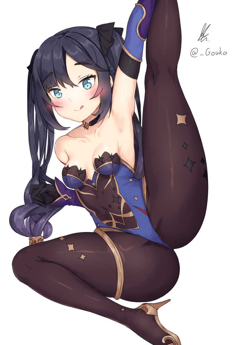 1girl absurdres aqua armpits bare black black_legwear breasts choker collarbone eyes genshin_impact gloves gouka hair high_heels highres leg_hold leg_up leotard long_hair medium_breasts mona_(genshin_impact) shoulders split standing standing_on_one_leg standing_split thigh_strap twintails