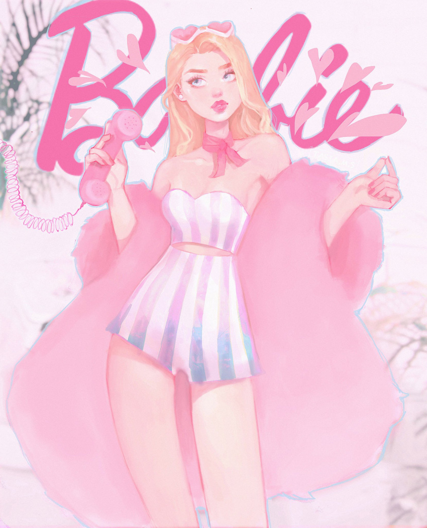 1girl ascot barbie_(character) barbie_(franchise) barbie_dreamhouse_adventures bare_legs bare_shoulders blonde_hair breasts bustier cable character_name cleavage copyright_name corded_phone earrings eyewear_on_head fashion fur_coat fur_jacket heart heart-shaped_eyewear highres holding holding_phone jewelry leaf leaf_background light_blue_eyes limited_palette matching_outfit medium_breasts phone pink_background pink_coat pink_lips pink_nails pink_scarf pink_shorts pink_top removing_jacket scarf shawl shirt shorts snapping_fingers solo striped striped_shirt striped_shorts sunglasses tall tasiams