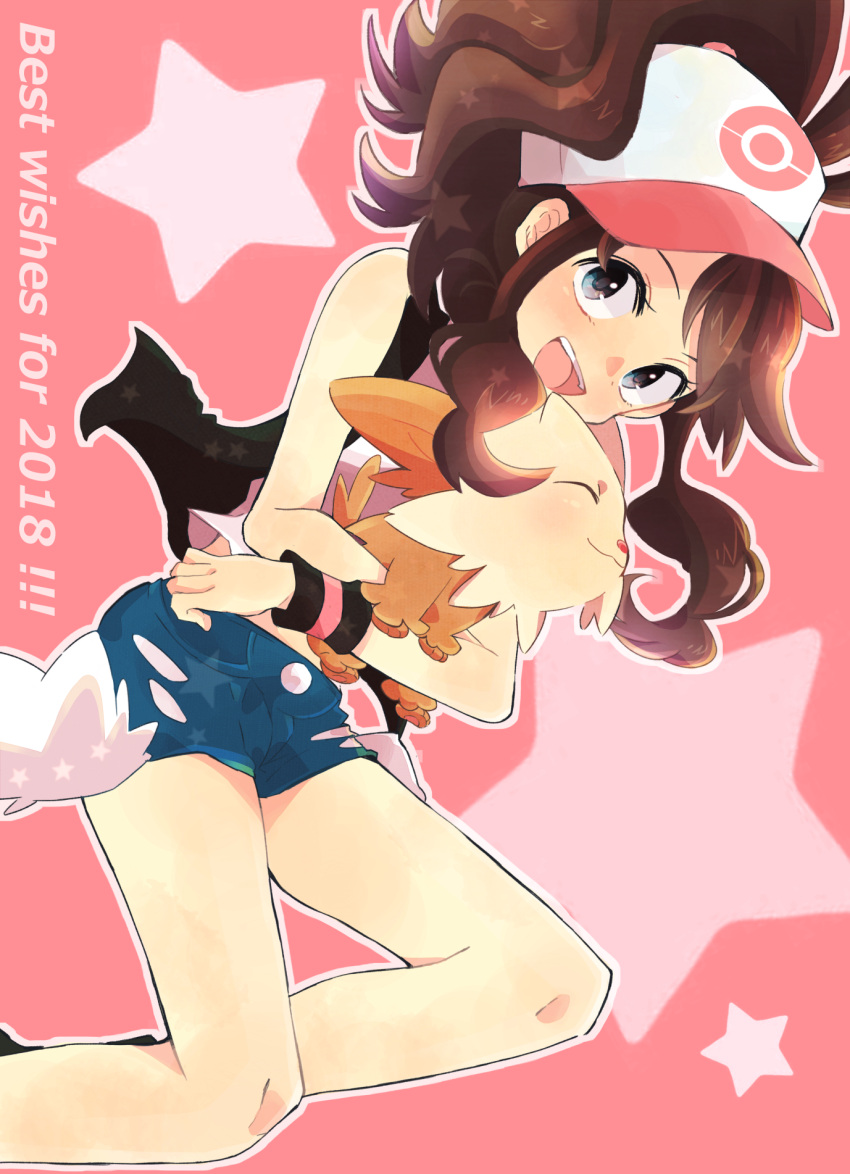 1girl :d bangs black_vest blue_shorts brown_hair commentary_request grey_eyes highres hilda_(pokemon) holding holding_pokemon knees lillipup long_hair misha_(ohds101) open_mouth pokemon pokemon_(creature) pokemon_(game) pokemon_bw shirt short_shorts shorts sidelocks smile star_(symbol) teeth tongue upper_teeth vest white_shirt wristband