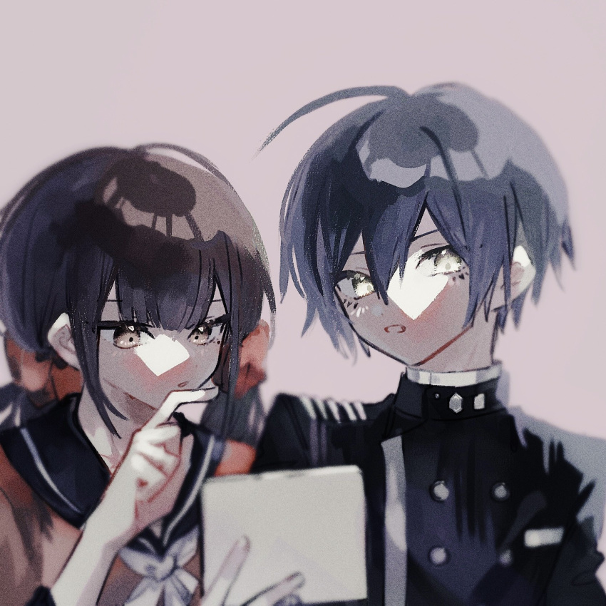 1boy 1girl bangs black_hair black_jacket black_sailor_collar blush brown_eyes brown_hair buttons collarbone danganronpa_(series) danganronpa_v3:_killing_harmony double-breasted gakuran grey_background hair_between_eyes hand_up harukawa_maki highres holding holding_paper jacket mole mole_under_eye paper red_shirt saihara_shuuichi sailor_collar school_uniform shiny shiny_hair shirt short_hair teeth ze_ro_saiji