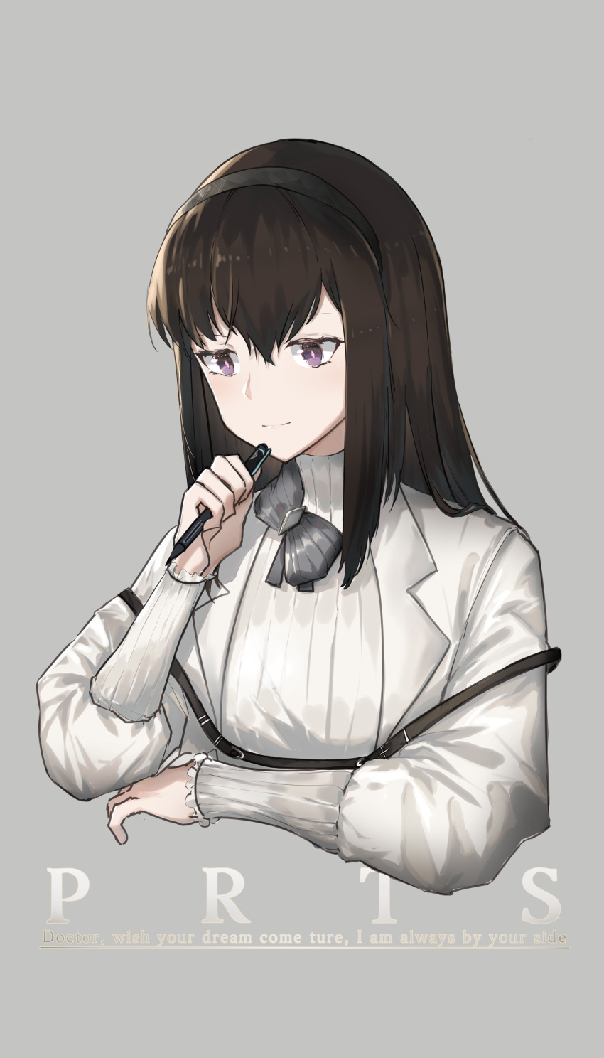 1girl absurdres arknights black_hairband bow bowtie brown_hair closed_mouth commentary_request cropped_torso english_text grey_background grey_neckwear hairband hand_up highres holding holding_pen jacket light_smile long_hair pen priestess_(arknights) purple_eyes ribbed_sweater simple_background solo sweater symbol-shaped_pupils turtleneck turtleneck_sweater upper_body vchan white_jacket white_sweater