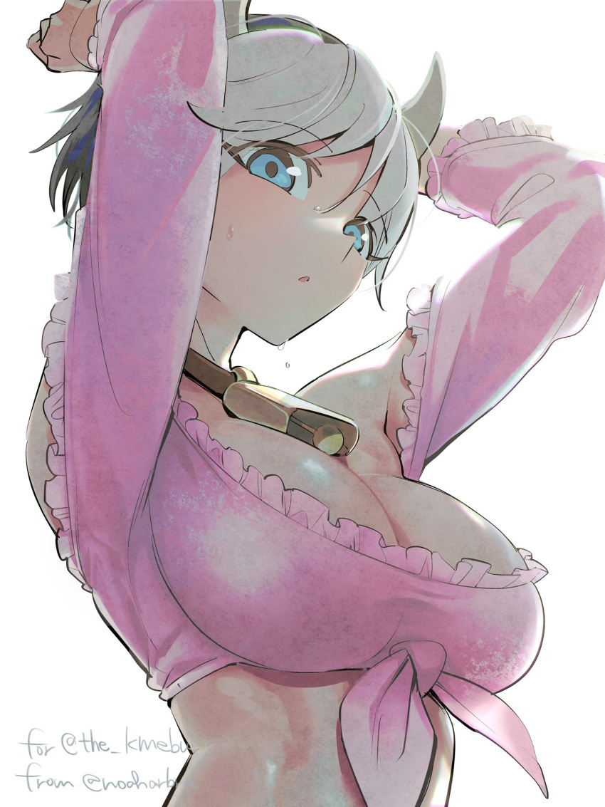 1girl :o arms_up artist_name bangs bare_shoulders black_hair blue_eyes breasts cleavage collarbone cow_horns crop_top english_commentary eyebrows_visible_through_hair frilled_sleeves frills front-tie_top gift_art grey_background grey_hair highres horns large_breasts long_sleeves looking_at_viewer looking_down noaharbre original pink_shirt shirt short_hair simple_background solo sweat upper_body white_background