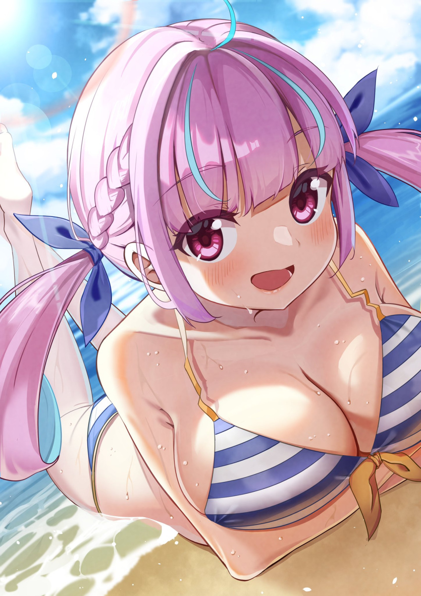 1girl ahoge bangs beach blue_hair blush braid breasts collarbone eyebrows_visible_through_hair highres hololive large_breasts long_hair looking_at_viewer lying madai_(mappy) minato_aqua multicolored_hair ocean on_stomach open_mouth purple_eyes purple_hair sky smile solo twintails two-tone_hair virtual_youtuber